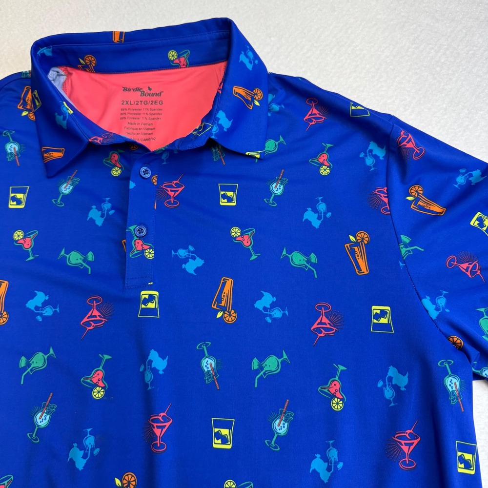 Birdie Bound Polo Mens 2XL Blue Cocktail Print Performance Golf Shirt‎ Excellent